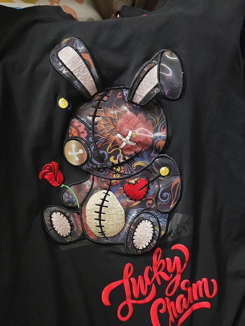 Lucky Charm Black Short Sleeve Kids Graphic Bunny Patch Tee